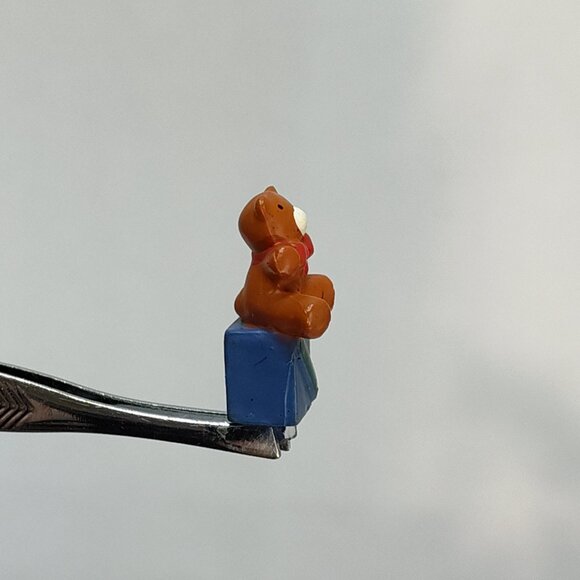 Miniature Brown Teddy Bear On Blue Present Box Decorative Tab Figurine Vintage - Picture 4 of 8